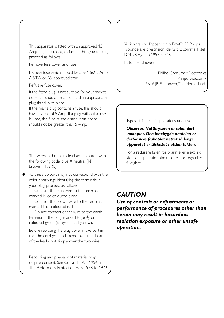 Norge, Italia, Caution | Motorola FW-C155 User Manual | Page 2 / 27