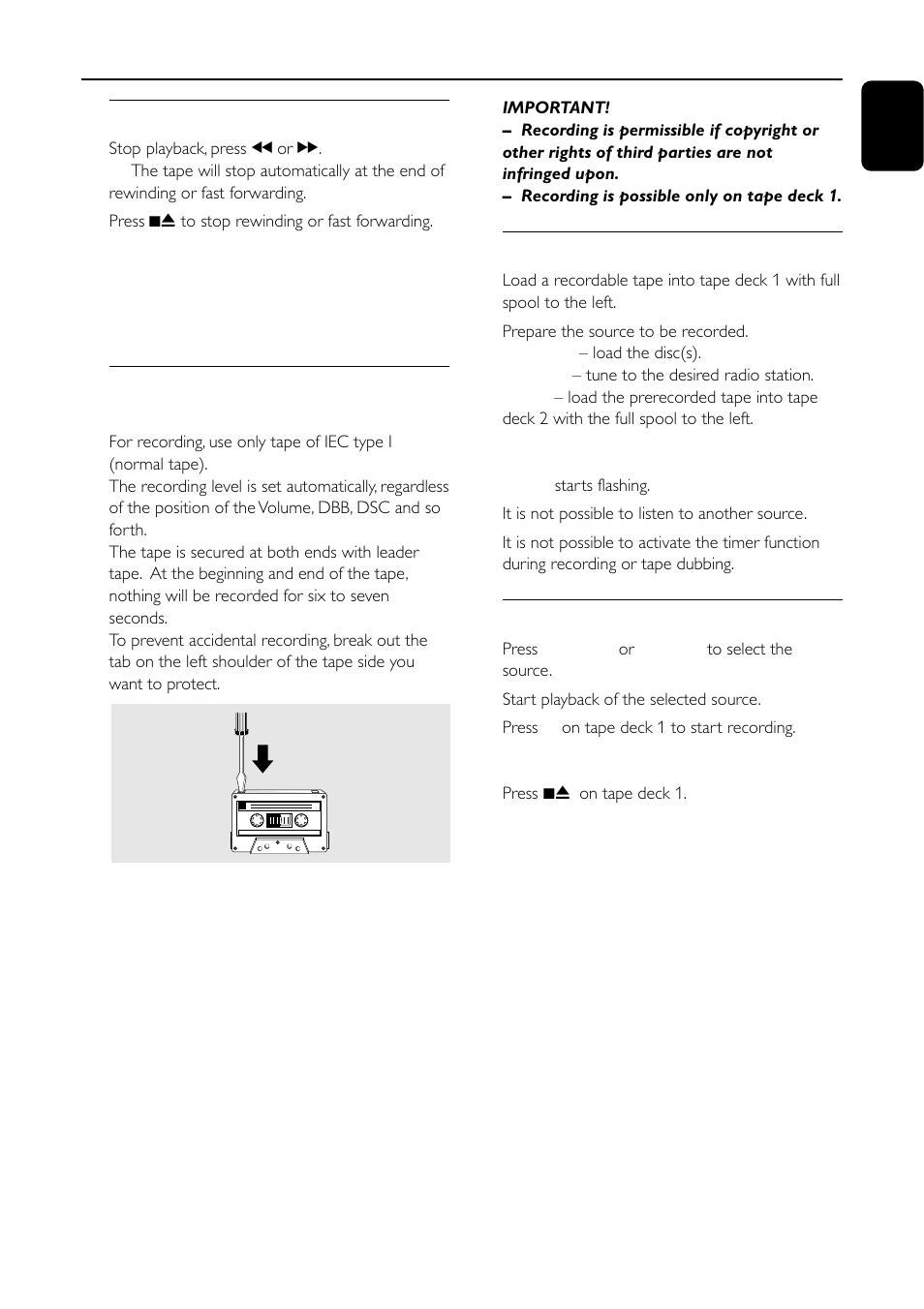 Tape operation / recording | Motorola FW-C155 User Manual | Page 21 / 27