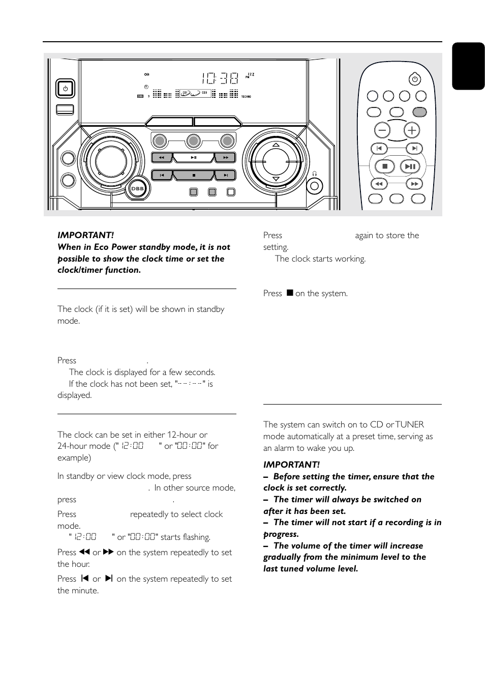 Clock / timer, View clock, Clock setting | Timer setting, 23 english, Or " 00:00" for example), Or " 00:00" starts flashing | Motorola FW-C155 User Manual | Page 23 / 27