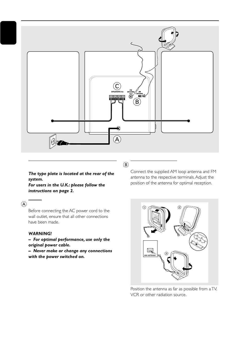 Ab c, Preparations, Speaker (right) speaker (left) | Rear connections, Fm wire antenna am loop antenna, Ac power cord | Motorola FW-C155 User Manual | Page 8 / 27