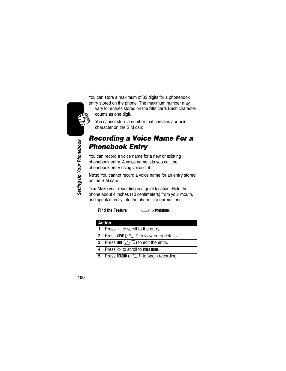 Recording a voice name for a phonebook entry | Motorola A845 User Manual | Page 102 / 234