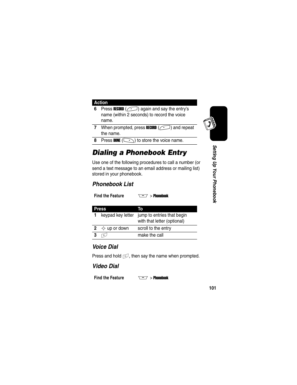 Dialing a phonebook entry, Phonebook list voice dial, Video dial | Motorola A845 User Manual | Page 103 / 234