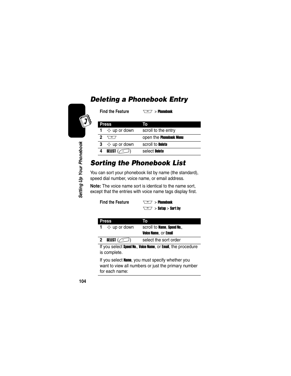 Deleting a phonebook entry, Sorting the phonebook list | Motorola A845 User Manual | Page 106 / 234