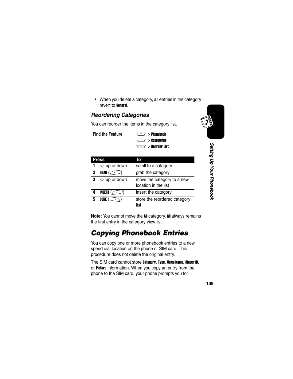 Copying phonebook entries, Reordering categories | Motorola A845 User Manual | Page 111 / 234