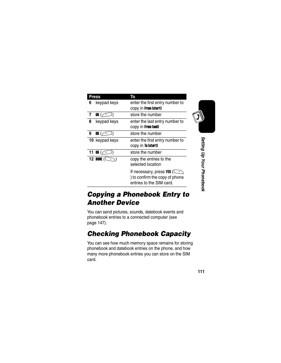 Copying a phonebook entry to another device, Checking phonebook capacity | Motorola A845 User Manual | Page 113 / 234