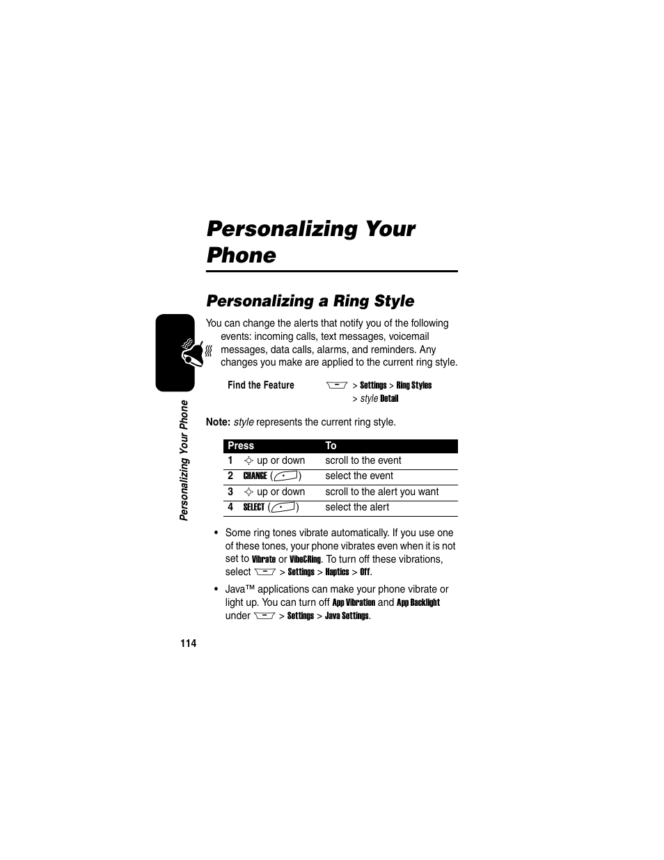 Personalizing your phone, Personalizing a ring style | Motorola A845 User Manual | Page 116 / 234