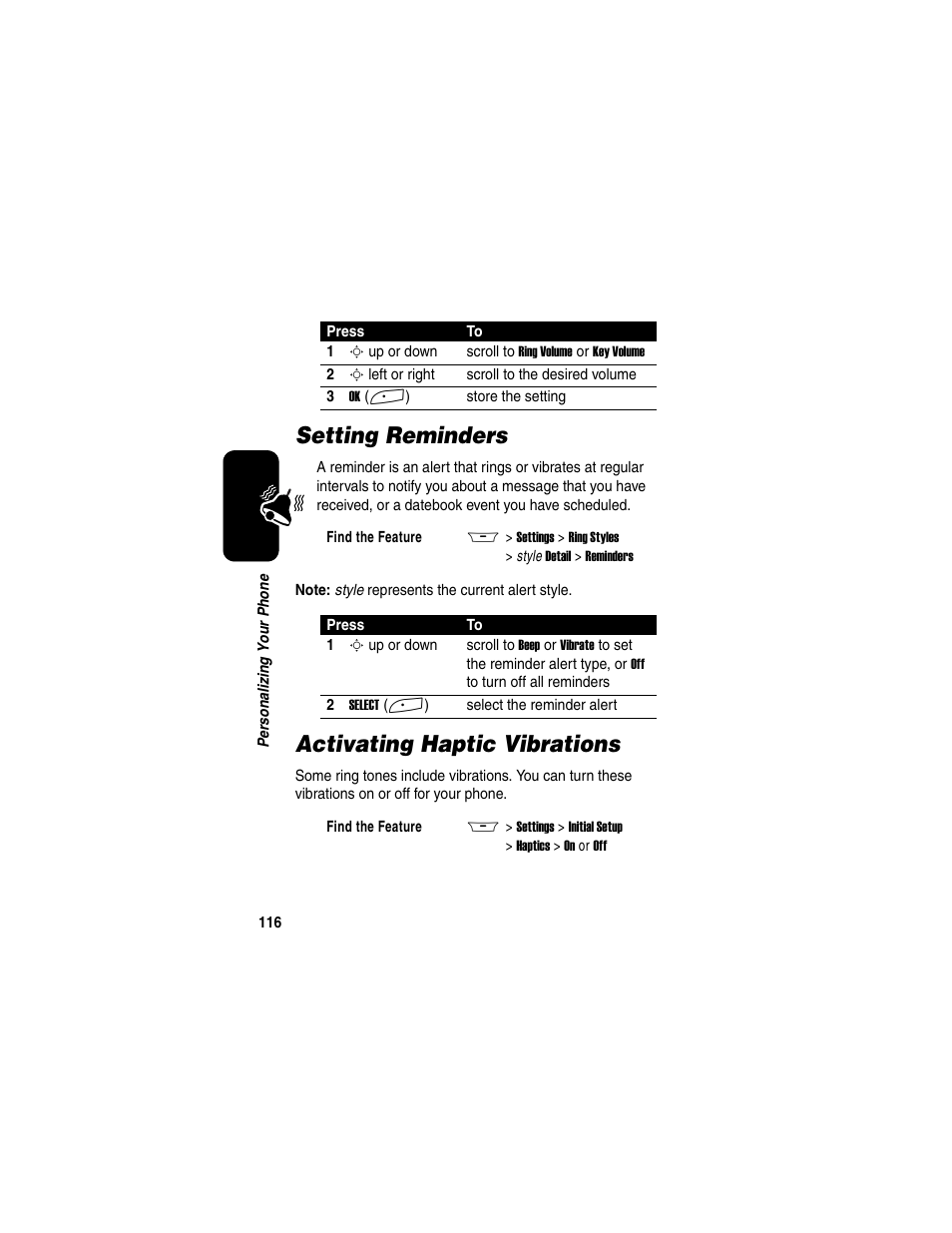 Setting reminders, Activating haptic vibrations, Setting reminders activating haptic vibrations | Motorola A845 User Manual | Page 118 / 234