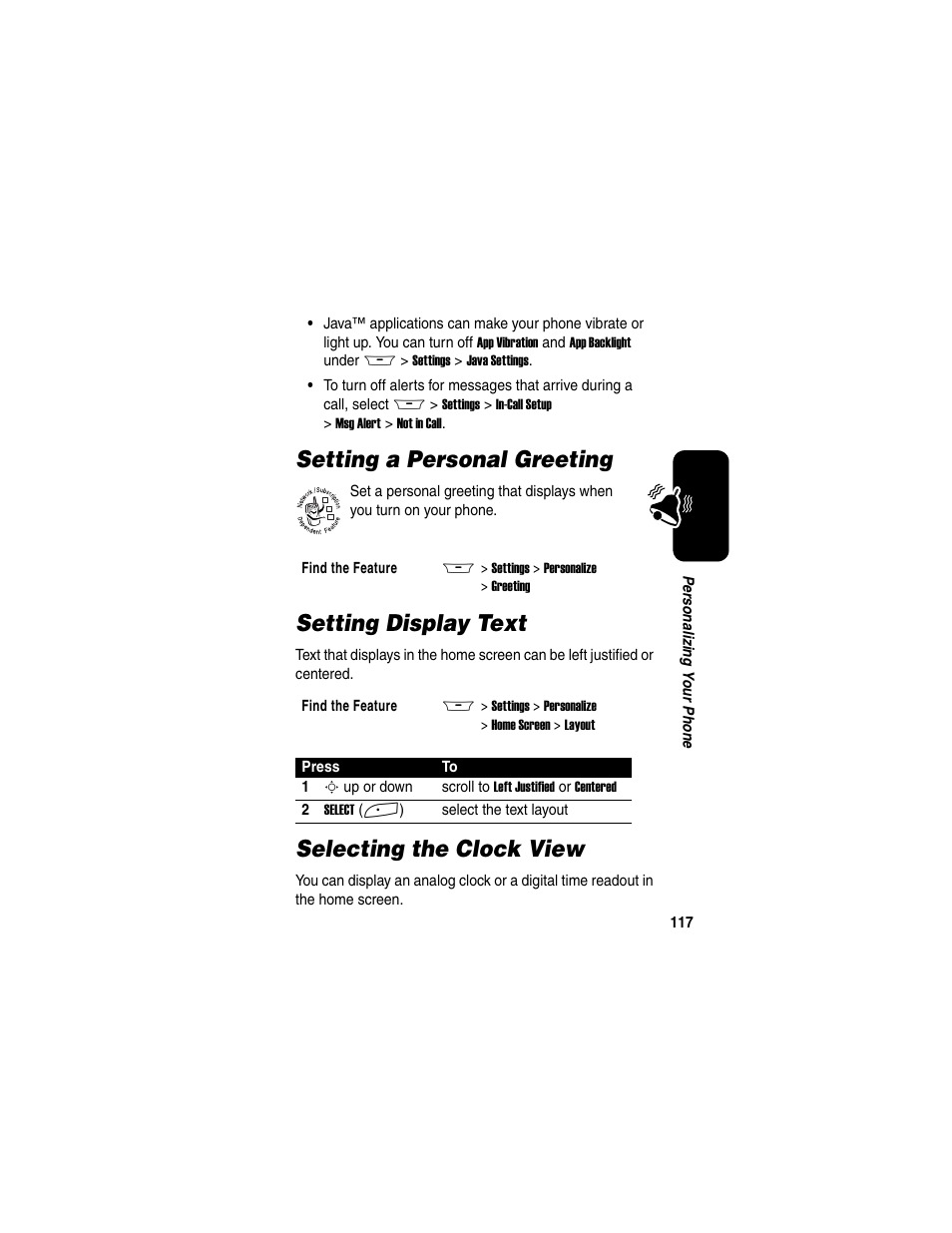 Setting a personal greeting, Setting display text, Selecting the clock view | Motorola A845 User Manual | Page 119 / 234