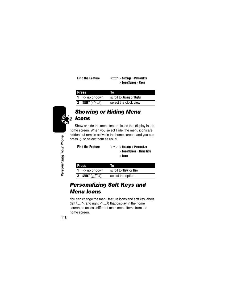 Showing or hiding menu icons, Personalizing soft keys and menu icons | Motorola A845 User Manual | Page 120 / 234