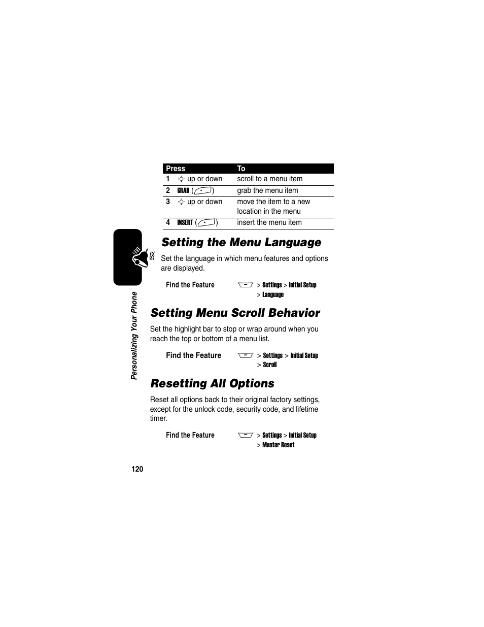 Setting the menu language, Setting menu scroll behavior, Resetting all options | Motorola A845 User Manual | Page 122 / 234