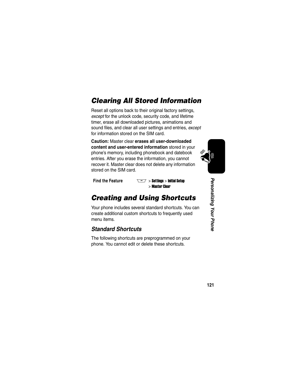 Clearing all stored information, Creating and using shortcuts | Motorola A845 User Manual | Page 123 / 234