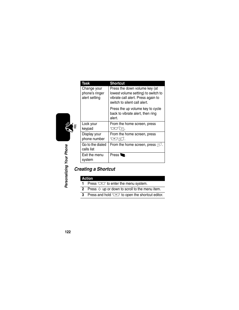 Creating a shortcut | Motorola A845 User Manual | Page 124 / 234