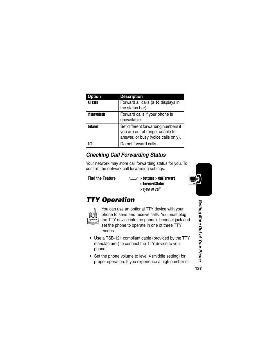 Tty operation, Checking call forwarding status | Motorola A845 User Manual | Page 129 / 234