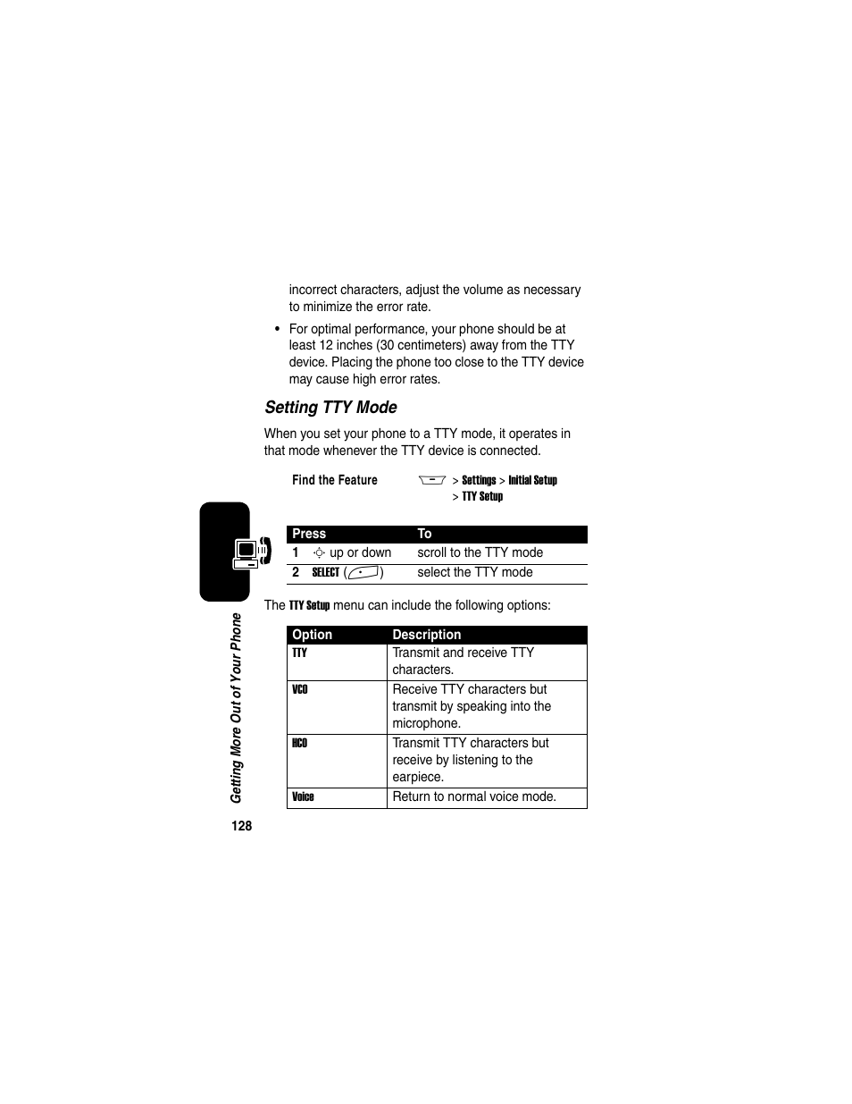 Setting tty mode | Motorola A845 User Manual | Page 130 / 234