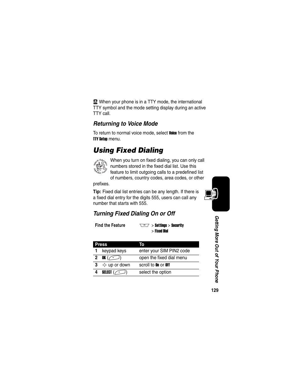 Using fixed dialing, Returning to voice mode, Turning fixed dialing on or off | Motorola A845 User Manual | Page 131 / 234