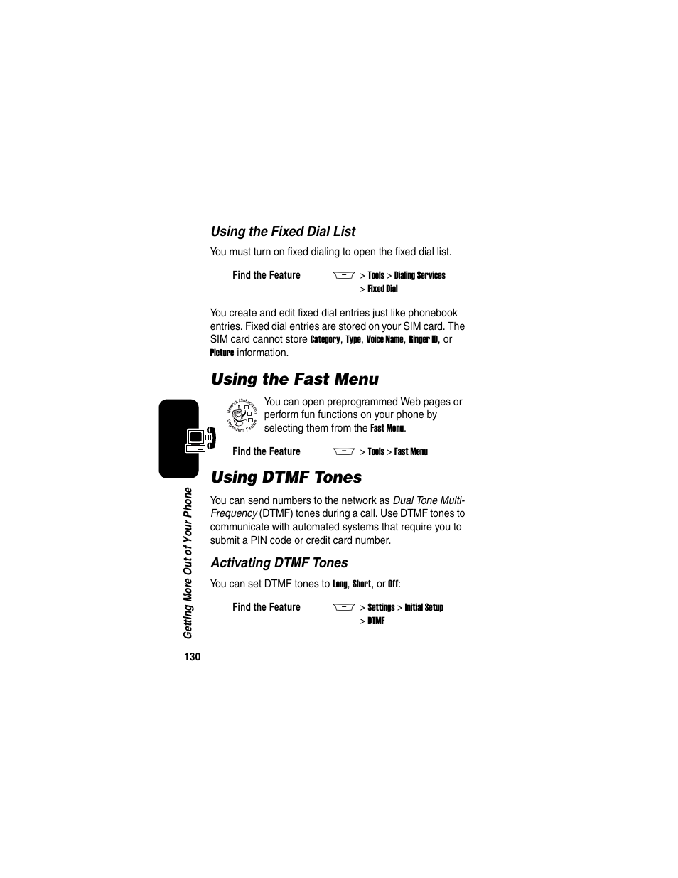 Using the fast menu, Using dtmf tones, Using the fast menu using dtmf tones | Using the fixed dial list, Activating dtmf tones | Motorola A845 User Manual | Page 132 / 234