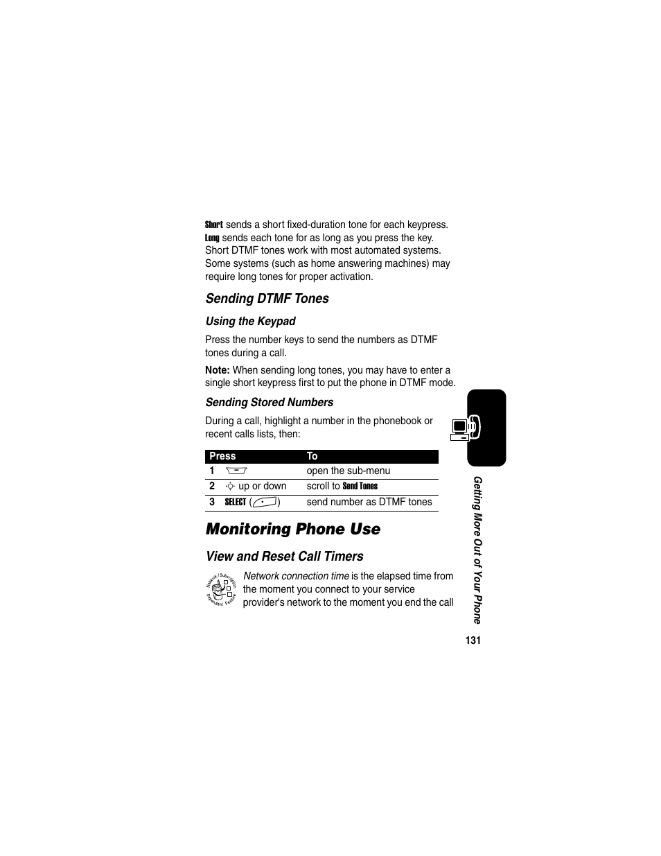 Monitoring phone use, Sending dtmf tones, View and reset call timers | Motorola A845 User Manual | Page 133 / 234