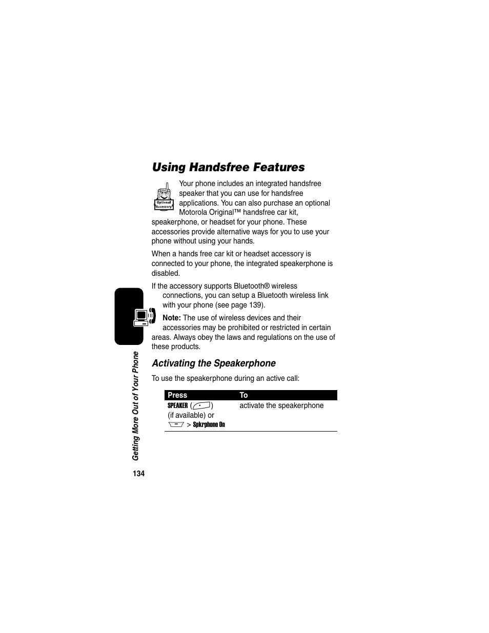 Using handsfree features, Activating the speakerphone | Motorola A845 User Manual | Page 136 / 234