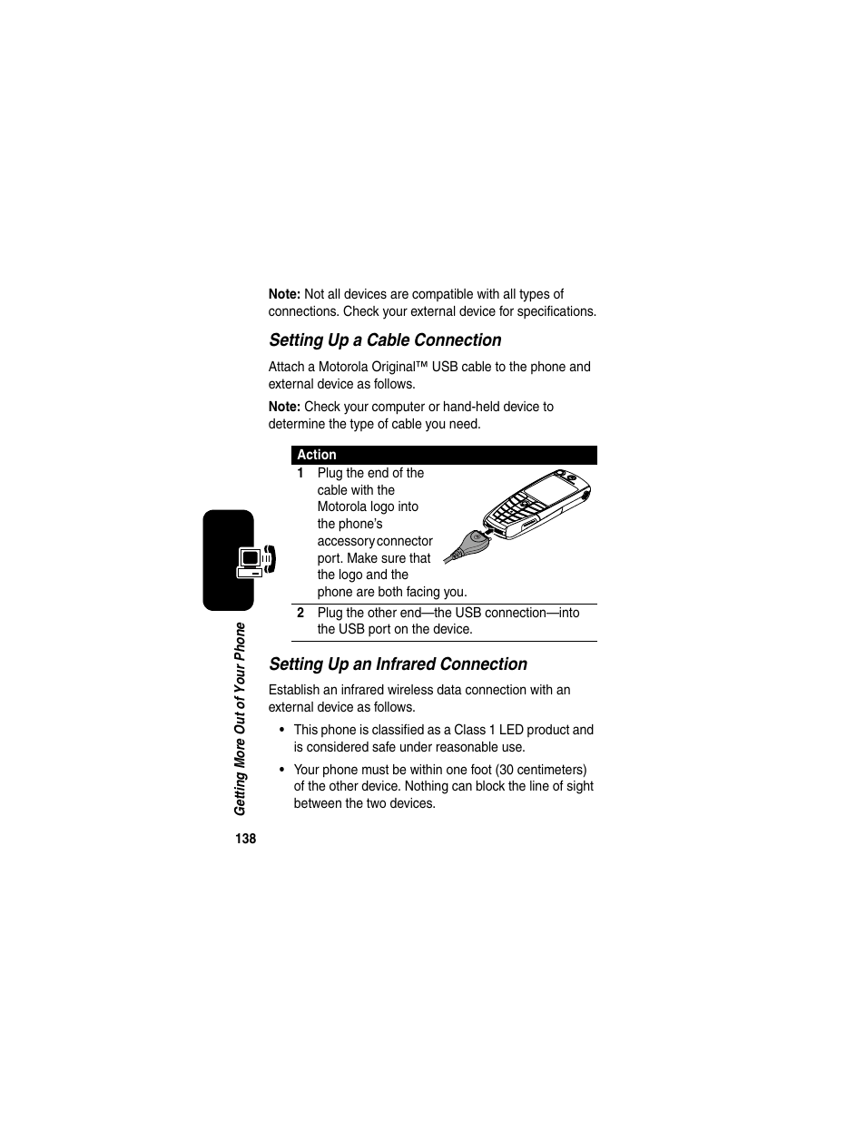 Setting up a cable connection, Setting up an infrared connection | Motorola A845 User Manual | Page 140 / 234