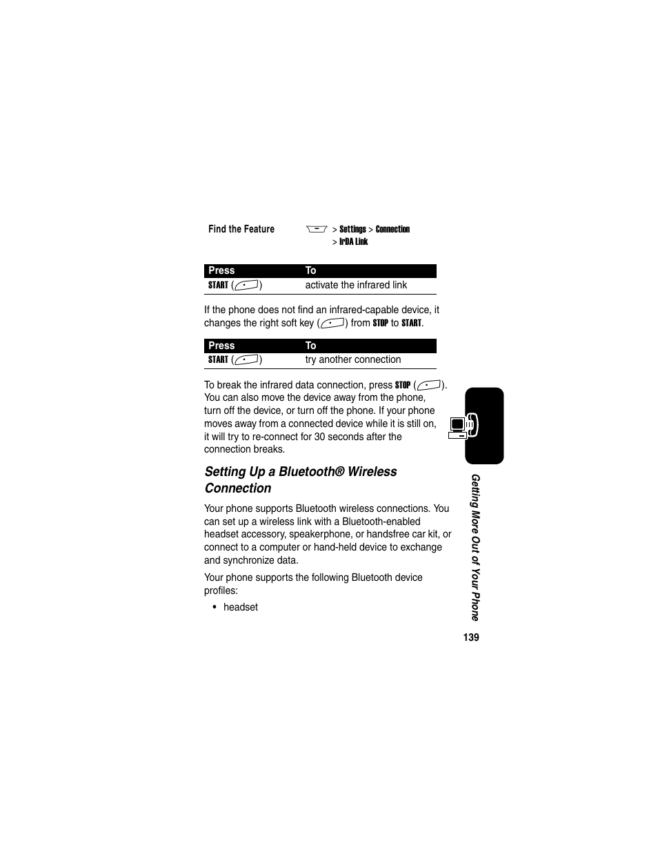 Setting up a bluetooth® wireless connection | Motorola A845 User Manual | Page 141 / 234