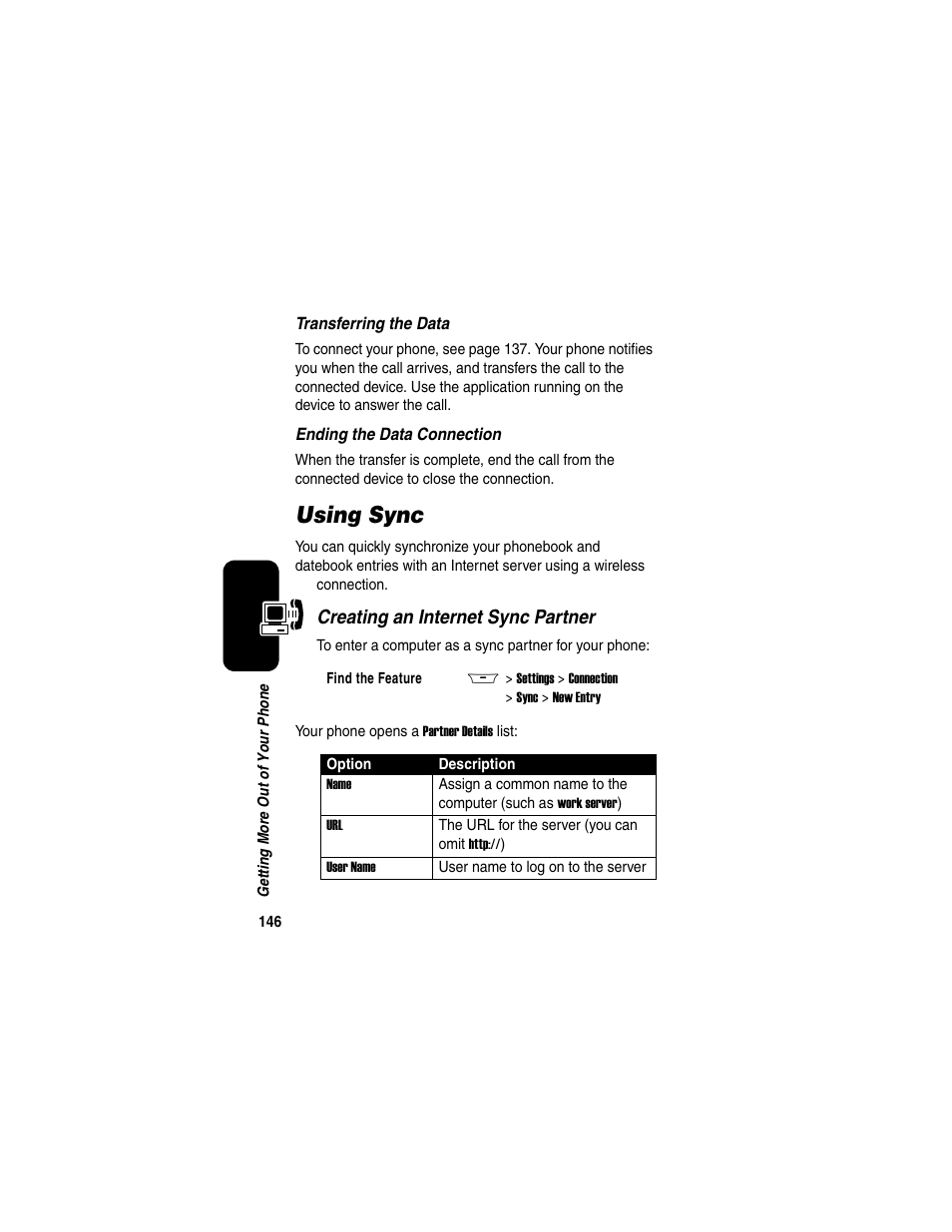 Using sync, Creating an internet sync partner | Motorola A845 User Manual | Page 148 / 234