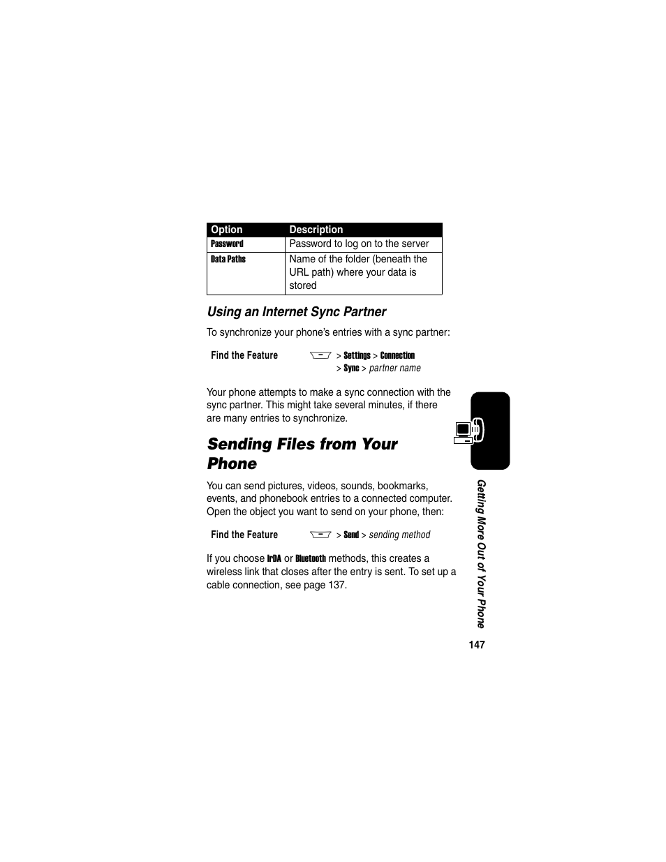 Sending files from your phone, Using an internet sync partner | Motorola A845 User Manual | Page 149 / 234
