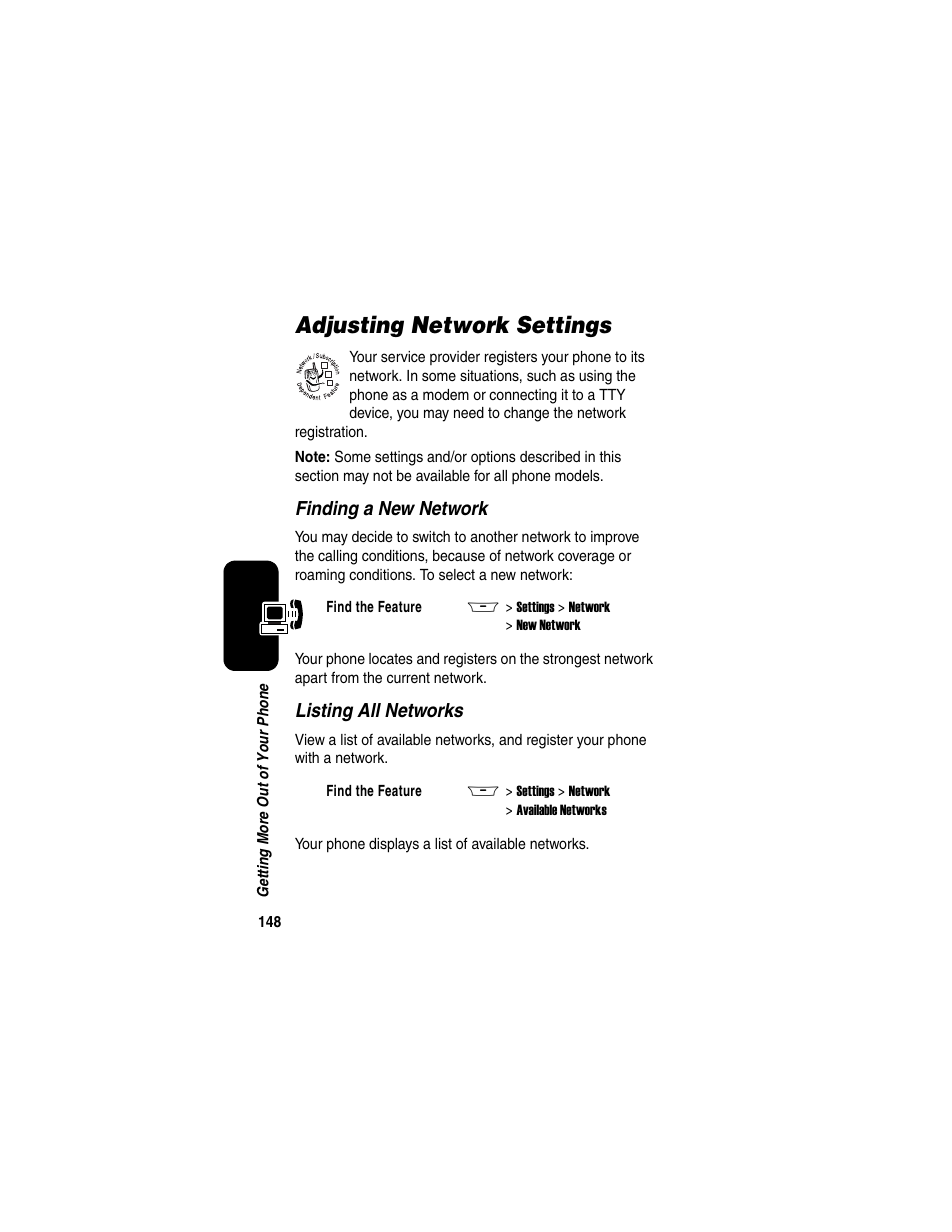 Adjusting network settings, Finding a new network, Listing all networks | Motorola A845 User Manual | Page 150 / 234