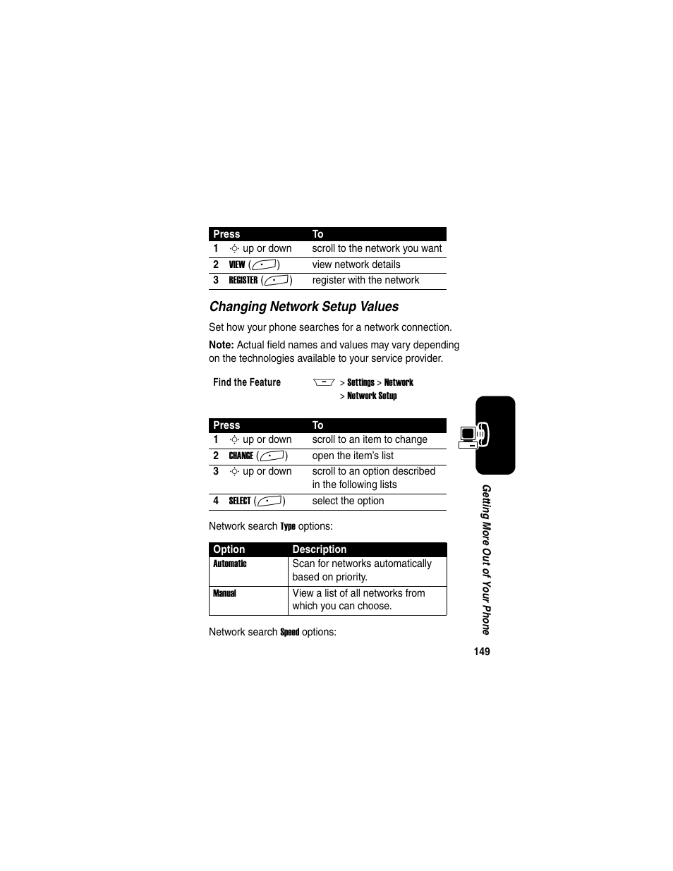 Changing network setup values | Motorola A845 User Manual | Page 151 / 234