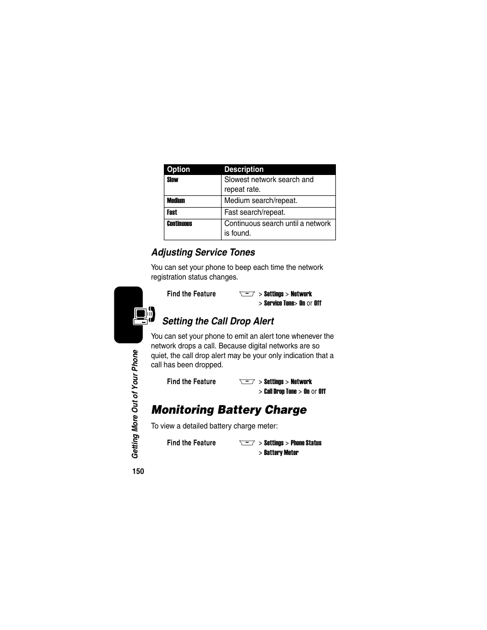 Monitoring battery charge, Adjusting service tones, Setting the call drop alert | Motorola A845 User Manual | Page 152 / 234