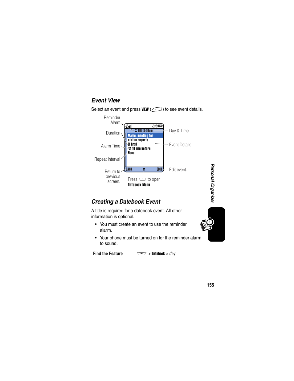 Event view, Creating a datebook event | Motorola A845 User Manual | Page 157 / 234