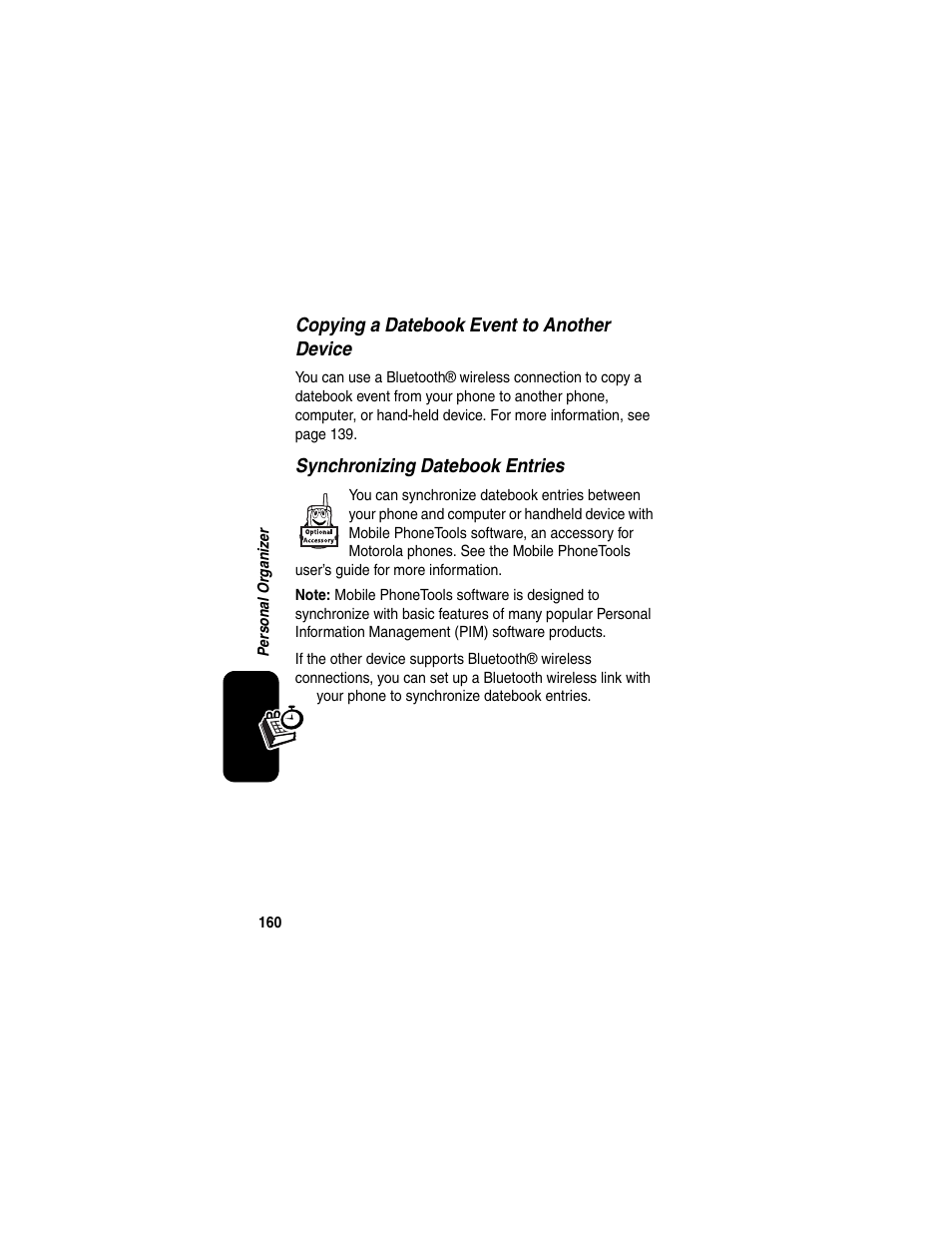 Copying a datebook event to another device, Synchronizing datebook entries | Motorola A845 User Manual | Page 162 / 234