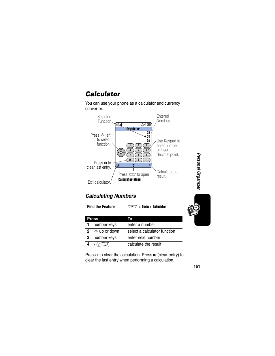 Calculator, Calculating numbers | Motorola A845 User Manual | Page 163 / 234