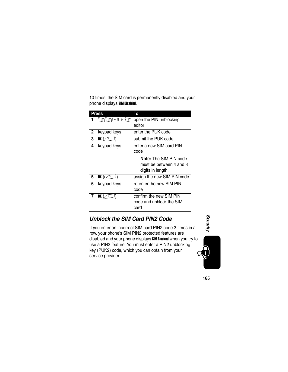 Unblock the sim card pin2 code | Motorola A845 User Manual | Page 167 / 234