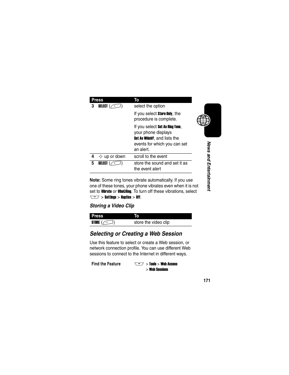 Selecting or creating a web session | Motorola A845 User Manual | Page 173 / 234