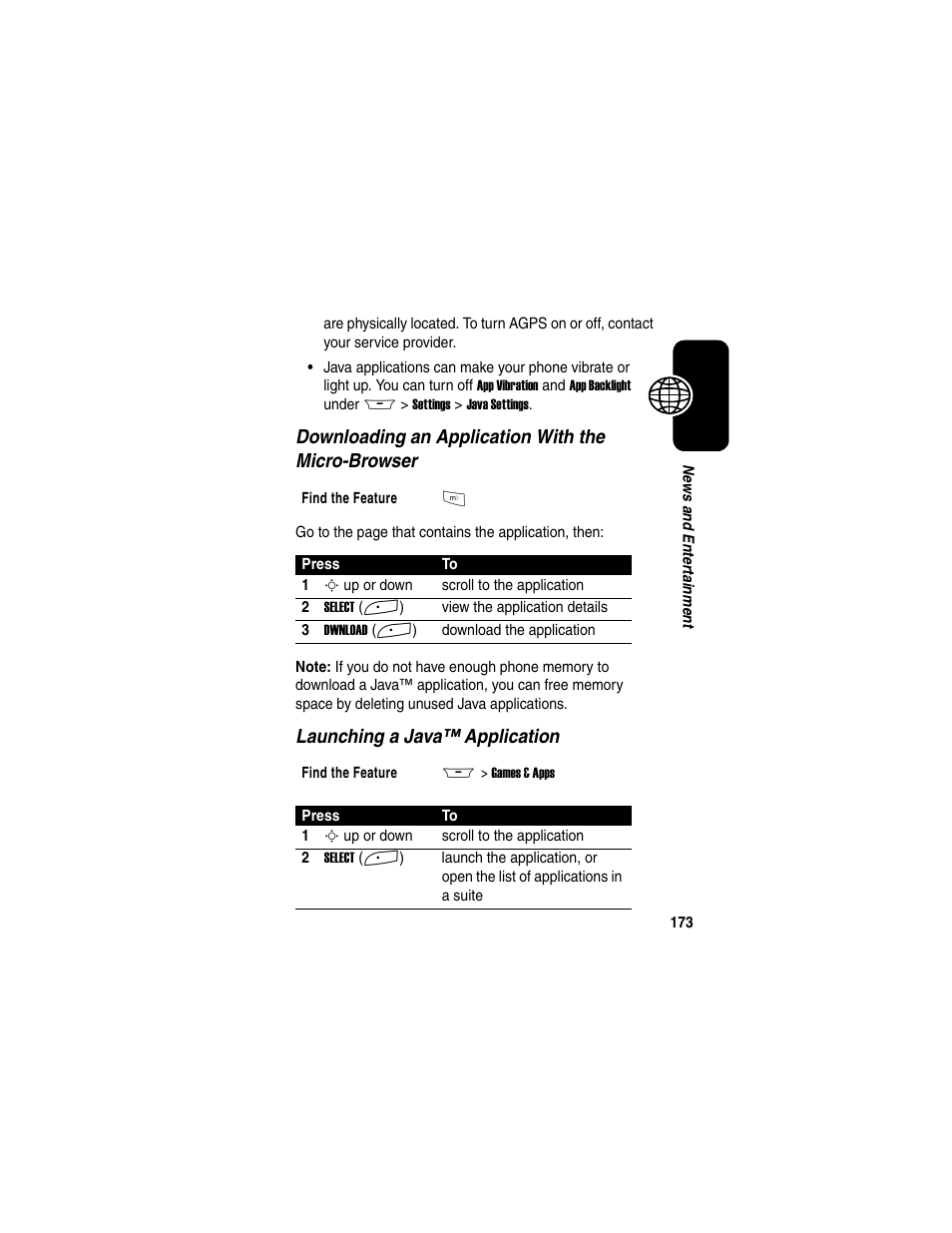 Downloading an application with the micro-browser, Launching a java™ application | Motorola A845 User Manual | Page 175 / 234