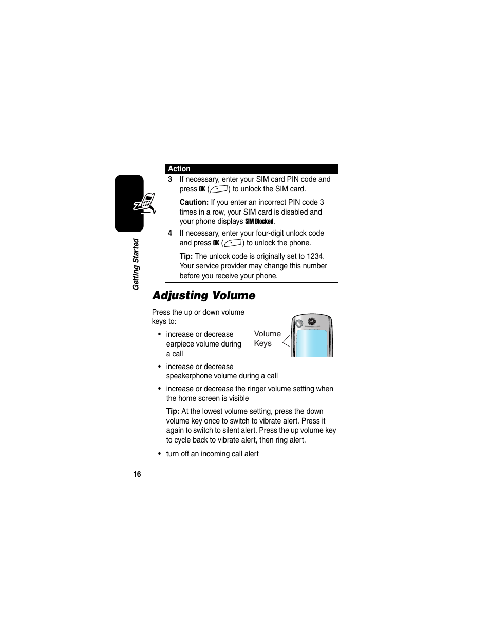 Adjusting volume | Motorola A845 User Manual | Page 18 / 234