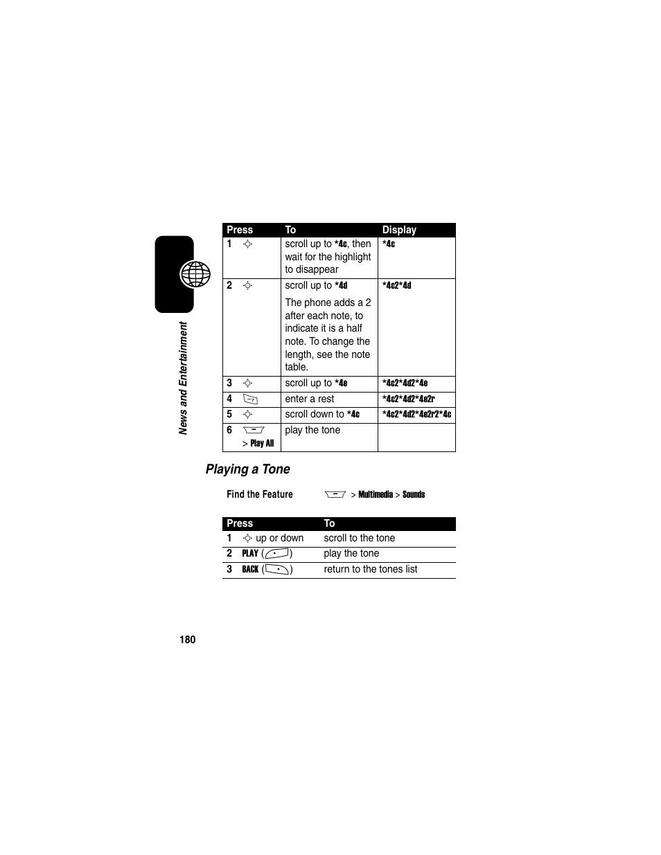 Playing a tone | Motorola A845 User Manual | Page 182 / 234