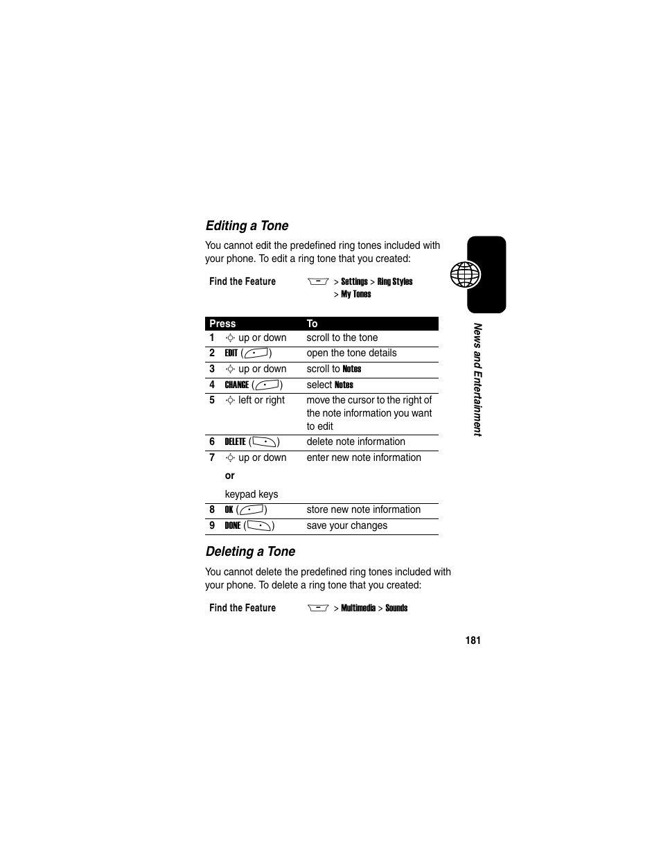 Editing a tone, Deleting a tone | Motorola A845 User Manual | Page 183 / 234