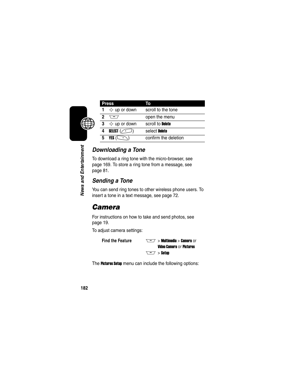 Camera, Downloading a tone, Sending a tone | Motorola A845 User Manual | Page 184 / 234