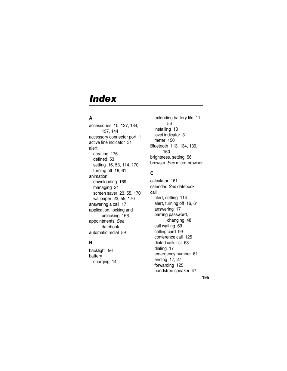 Index | Motorola A845 User Manual | Page 197 / 234