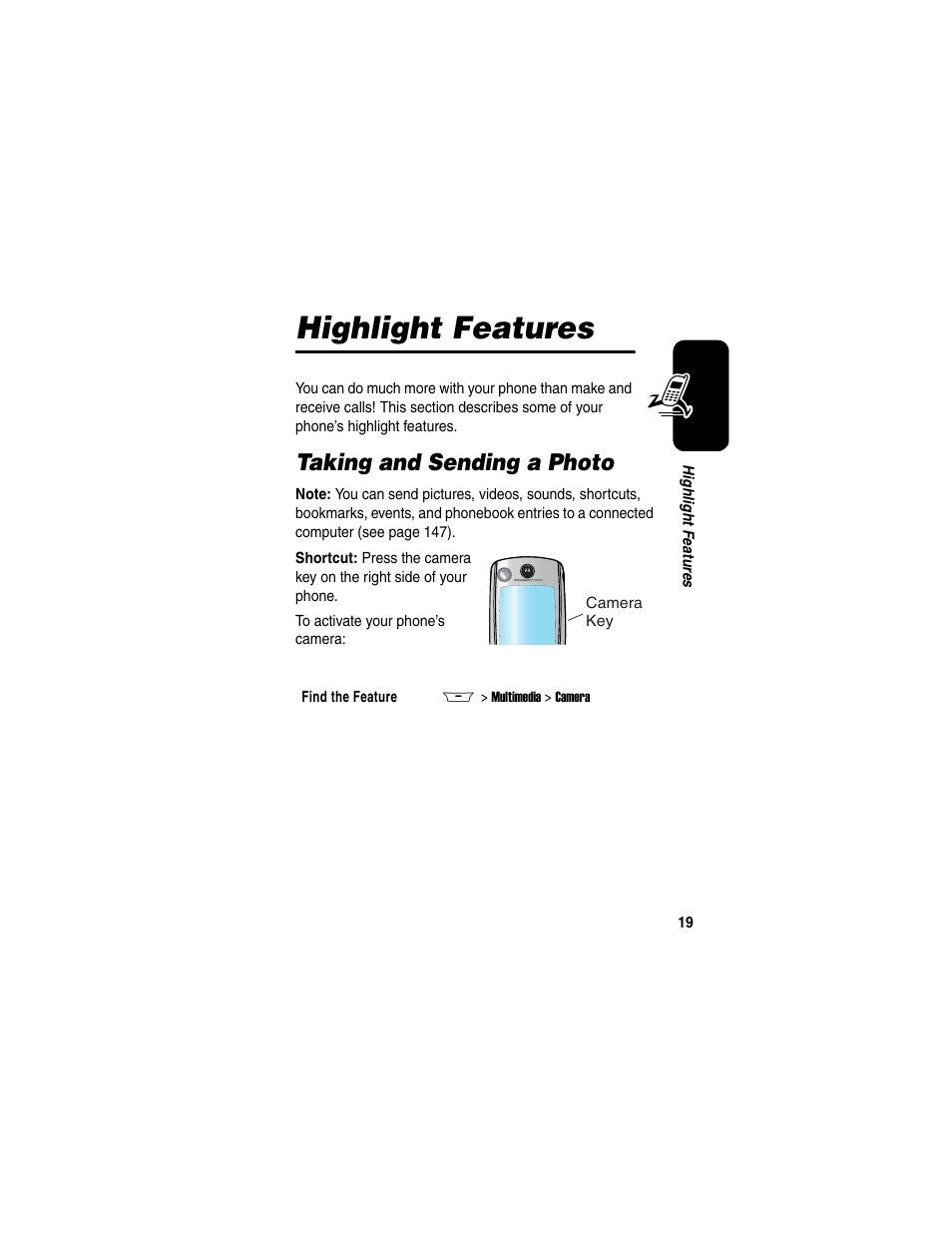 Highlight features, Taking and sending a photo | Motorola A845 User Manual | Page 21 / 234