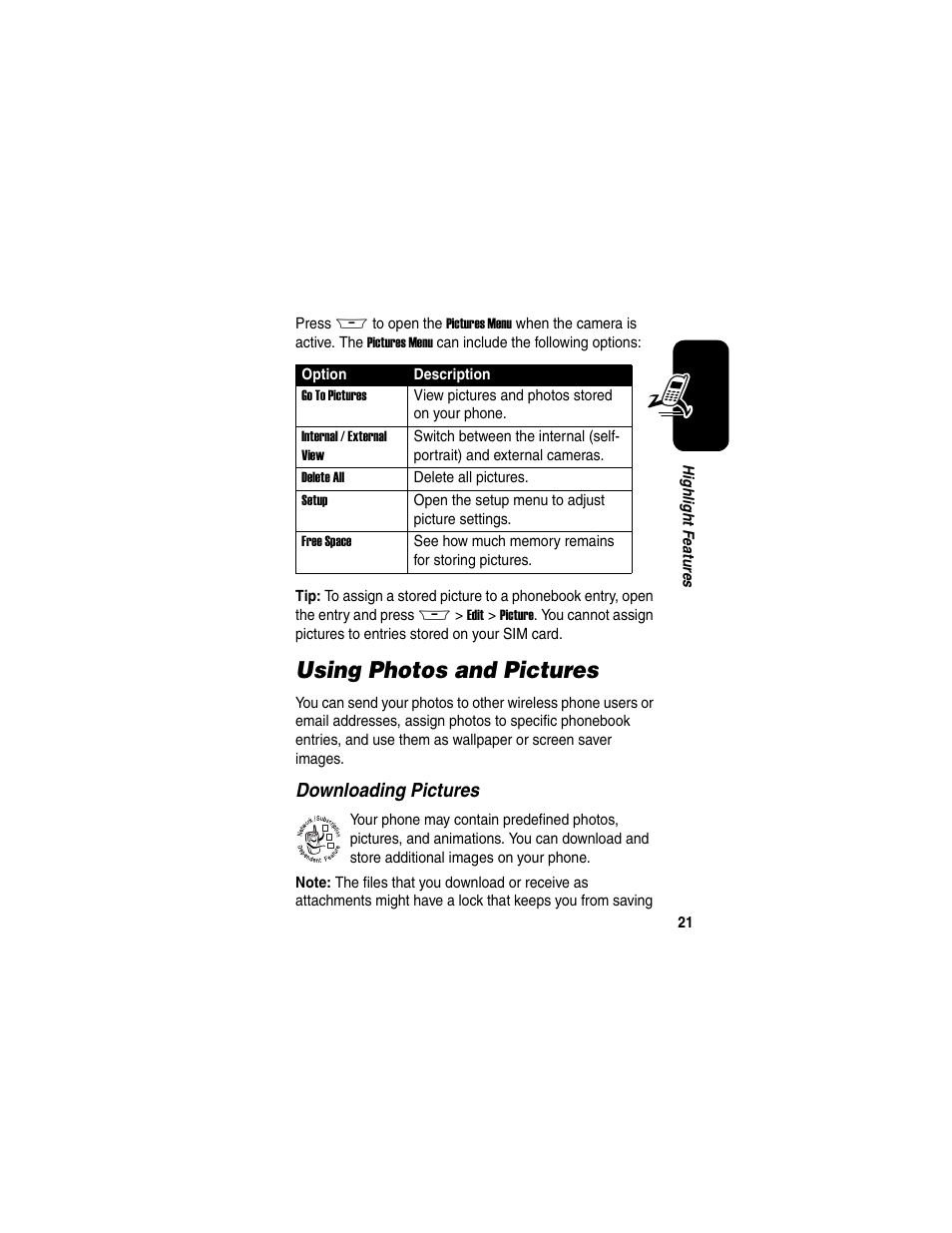 Using photos and pictures, Downloading pictures | Motorola A845 User Manual | Page 23 / 234