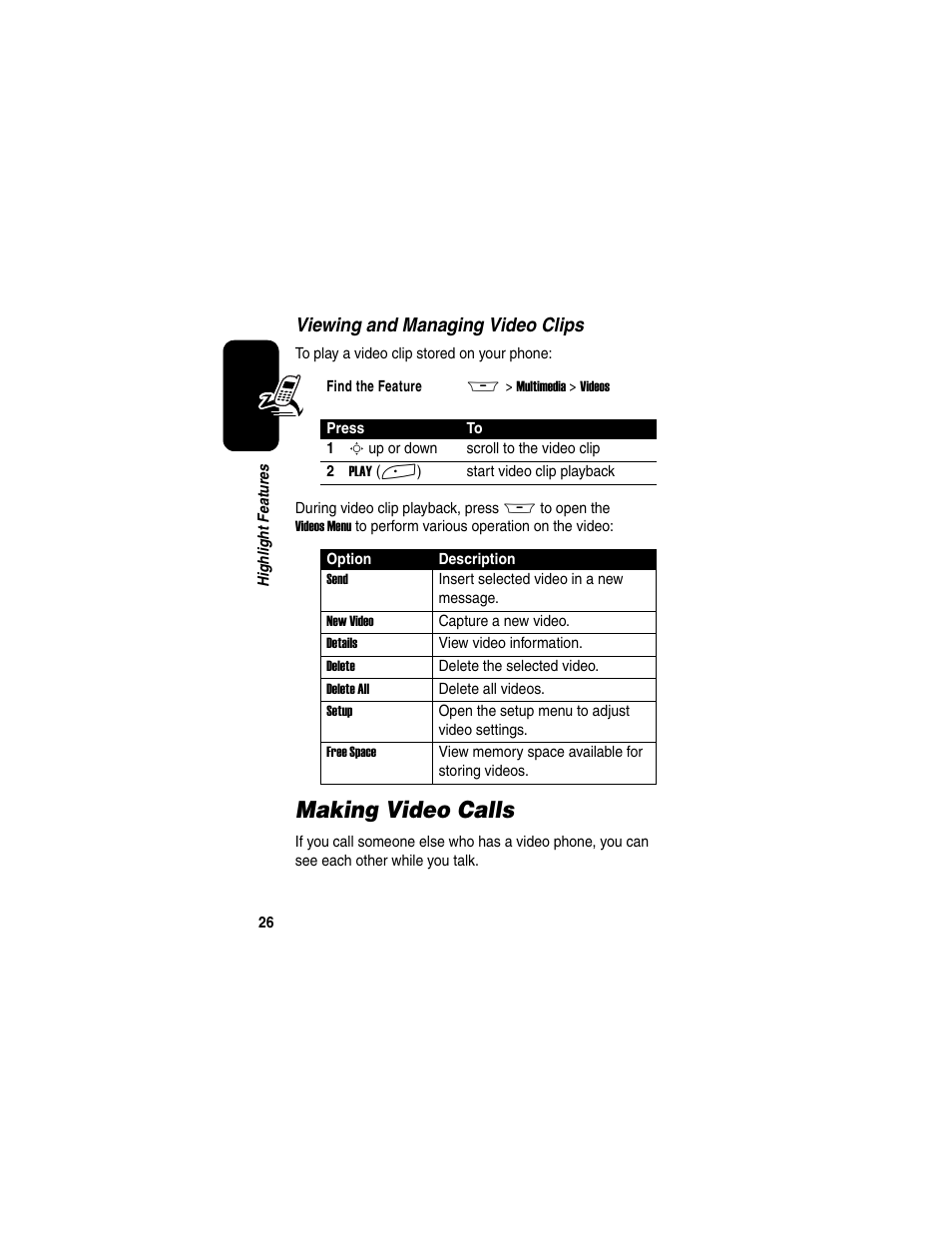 Making video calls, Viewing and managing video clips | Motorola A845 User Manual | Page 28 / 234