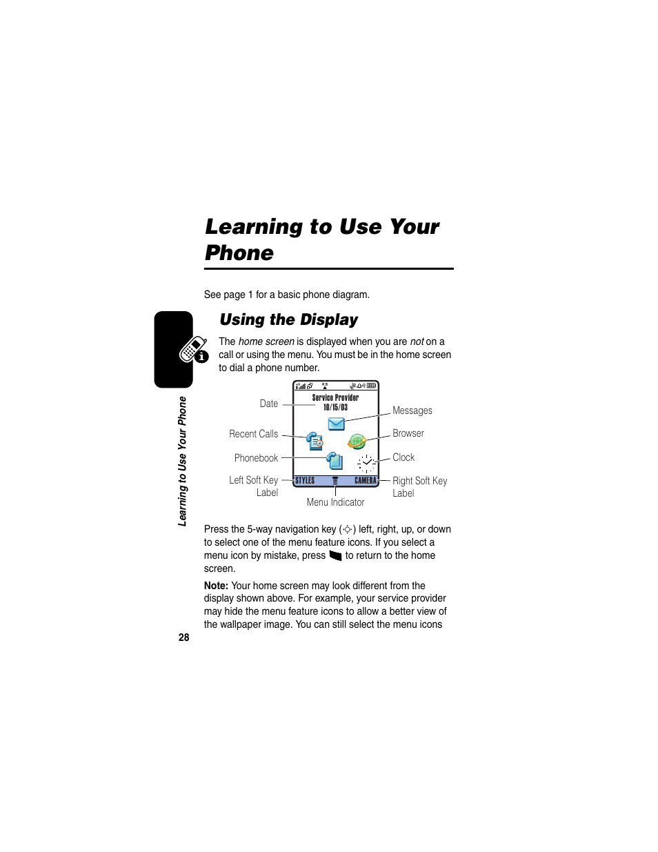 Learning to use your phone, Using the display | Motorola A845 User Manual | Page 30 / 234