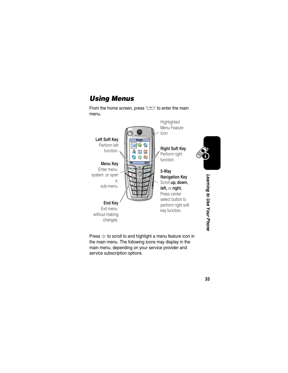 Using menus | Motorola A845 User Manual | Page 35 / 234