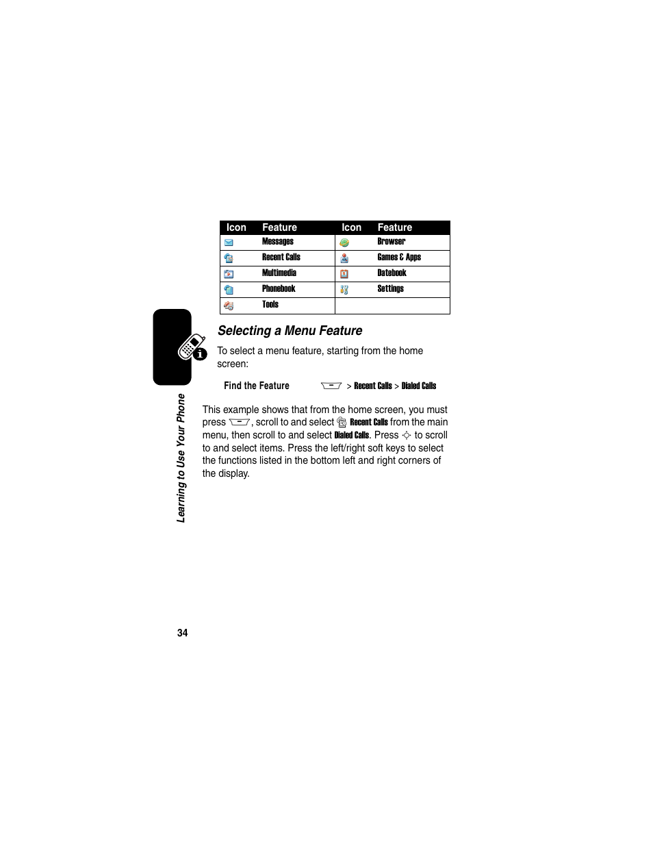 Selecting a menu feature | Motorola A845 User Manual | Page 36 / 234