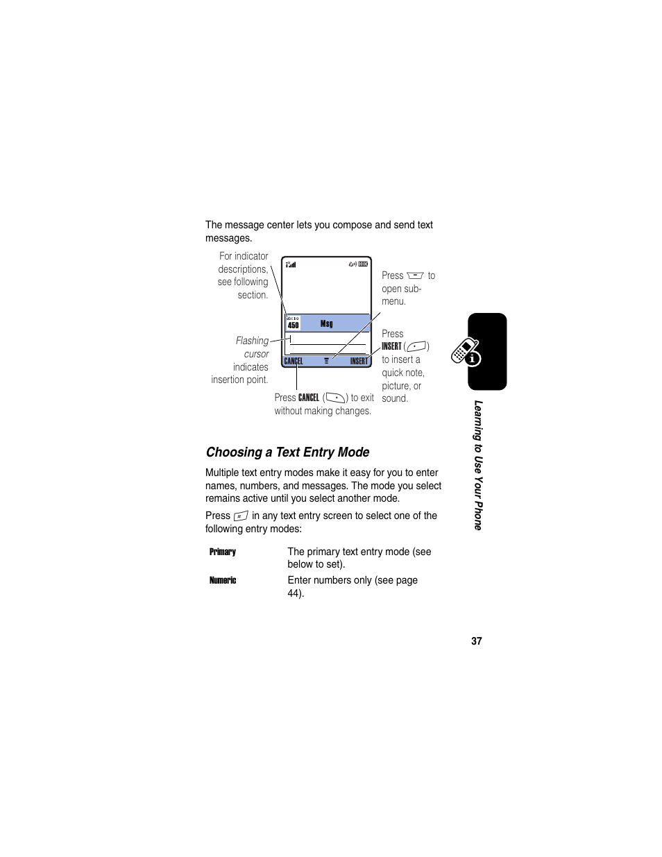 Choosing a text entry mode | Motorola A845 User Manual | Page 39 / 234