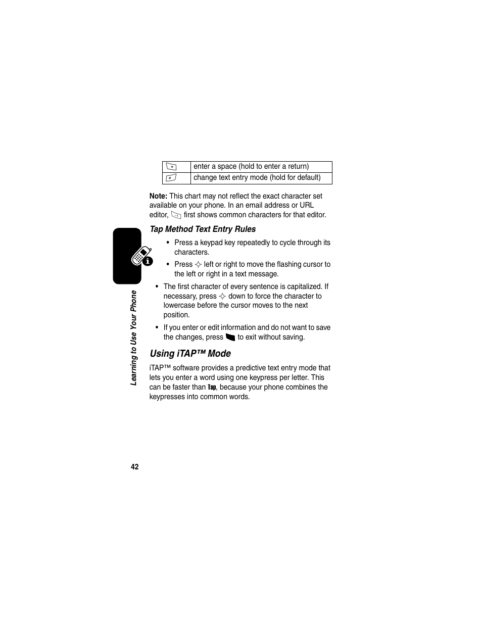 Using itap™ mode | Motorola A845 User Manual | Page 44 / 234