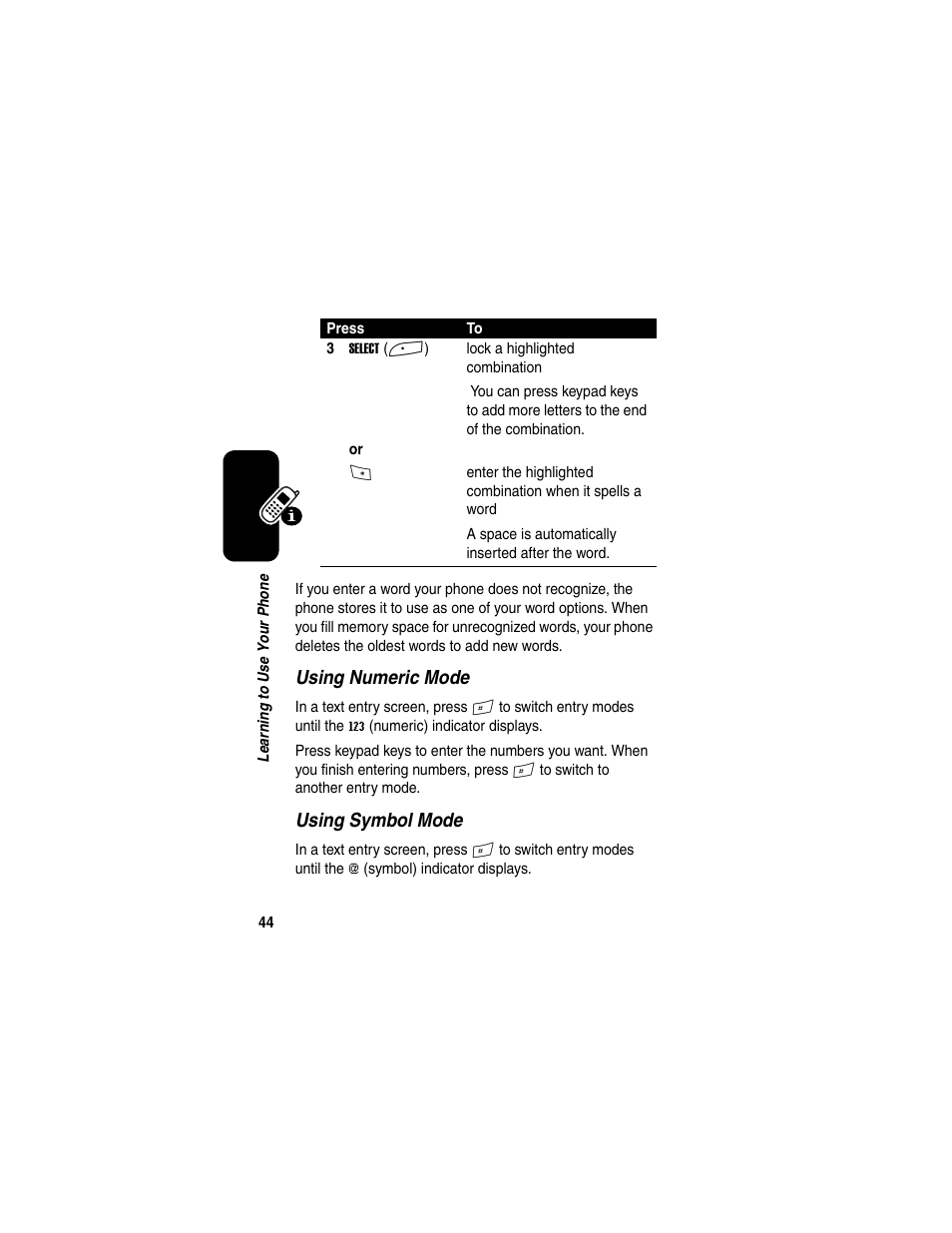 Using numeric mode, Using symbol mode | Motorola A845 User Manual | Page 46 / 234