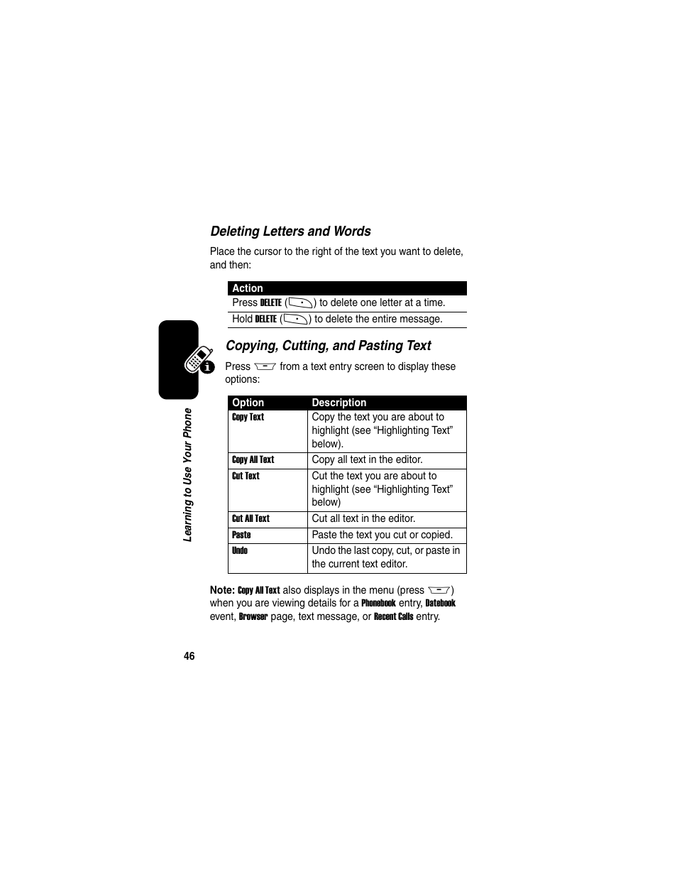 Deleting letters and words, Copying, cutting, and pasting text | Motorola A845 User Manual | Page 48 / 234